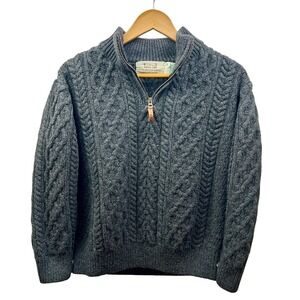 Aran Sweater Market Mens Cable Knit Sweater Gray M 100% Merino Wool Ireland Made
